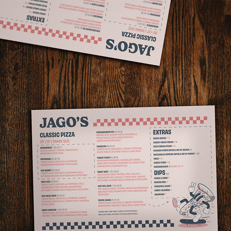 Jagos Pizza Menu on table