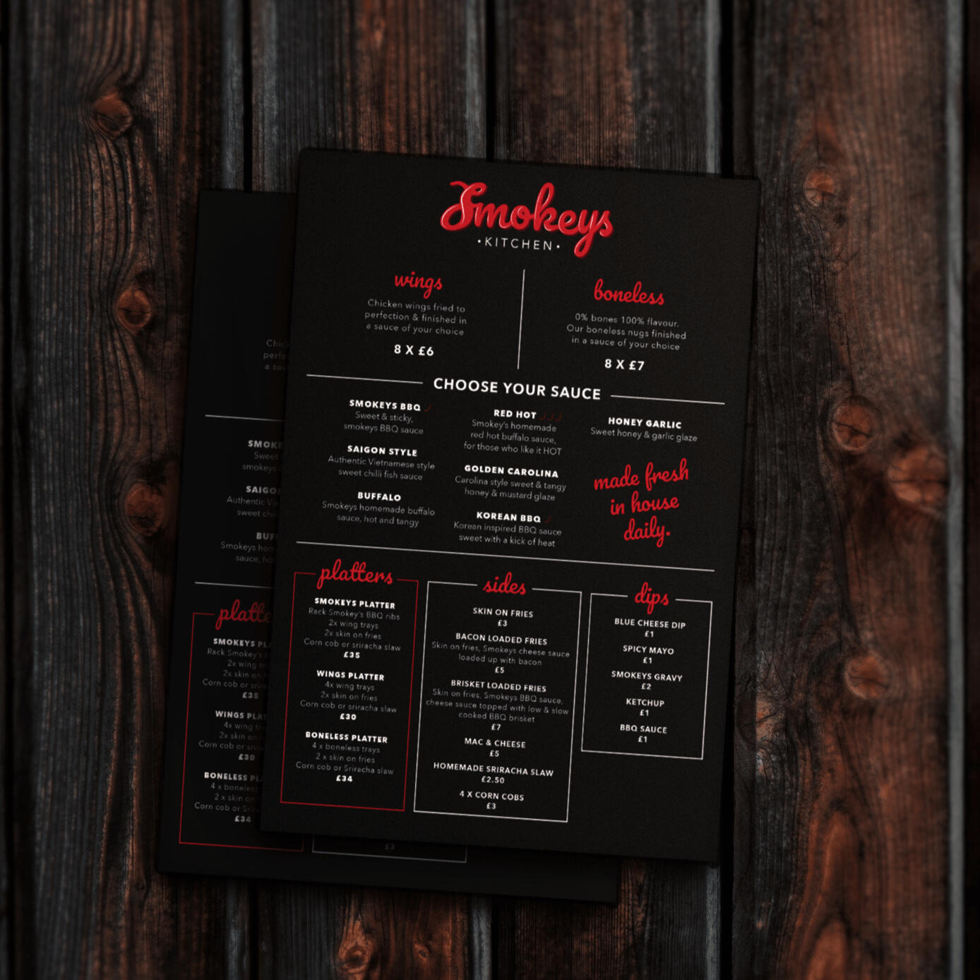 Smokeys Menu on table