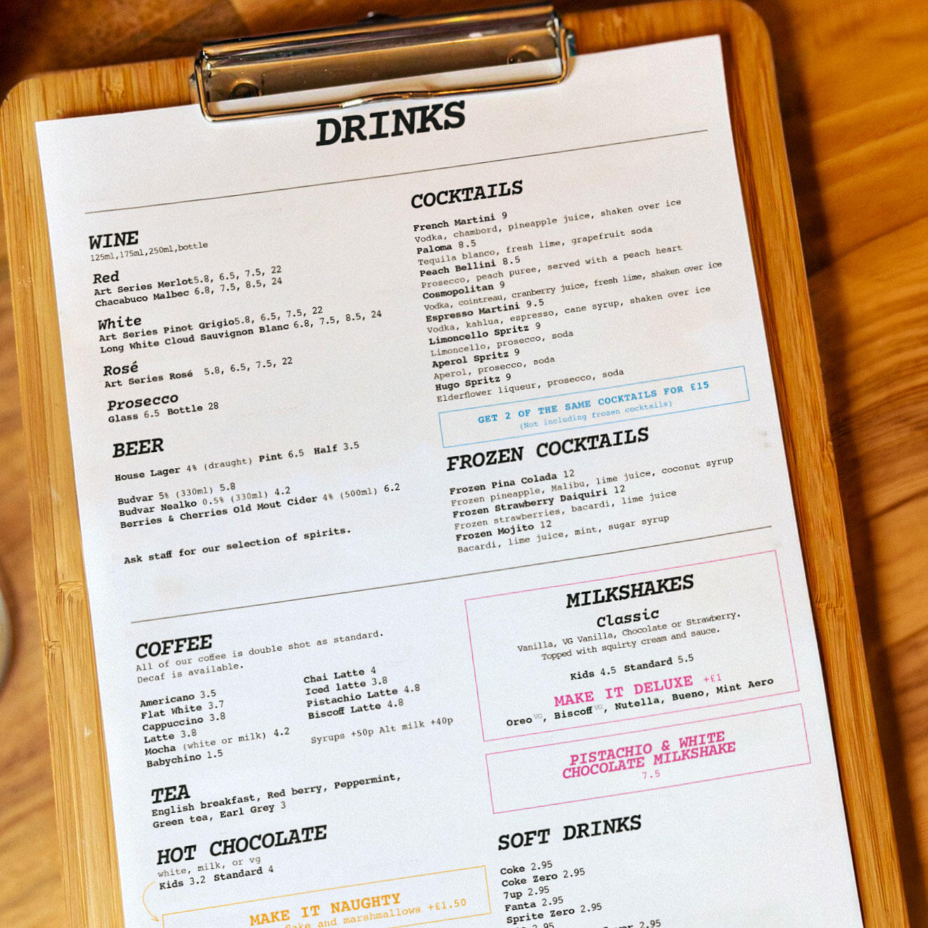 Artful Drinks Menu on table