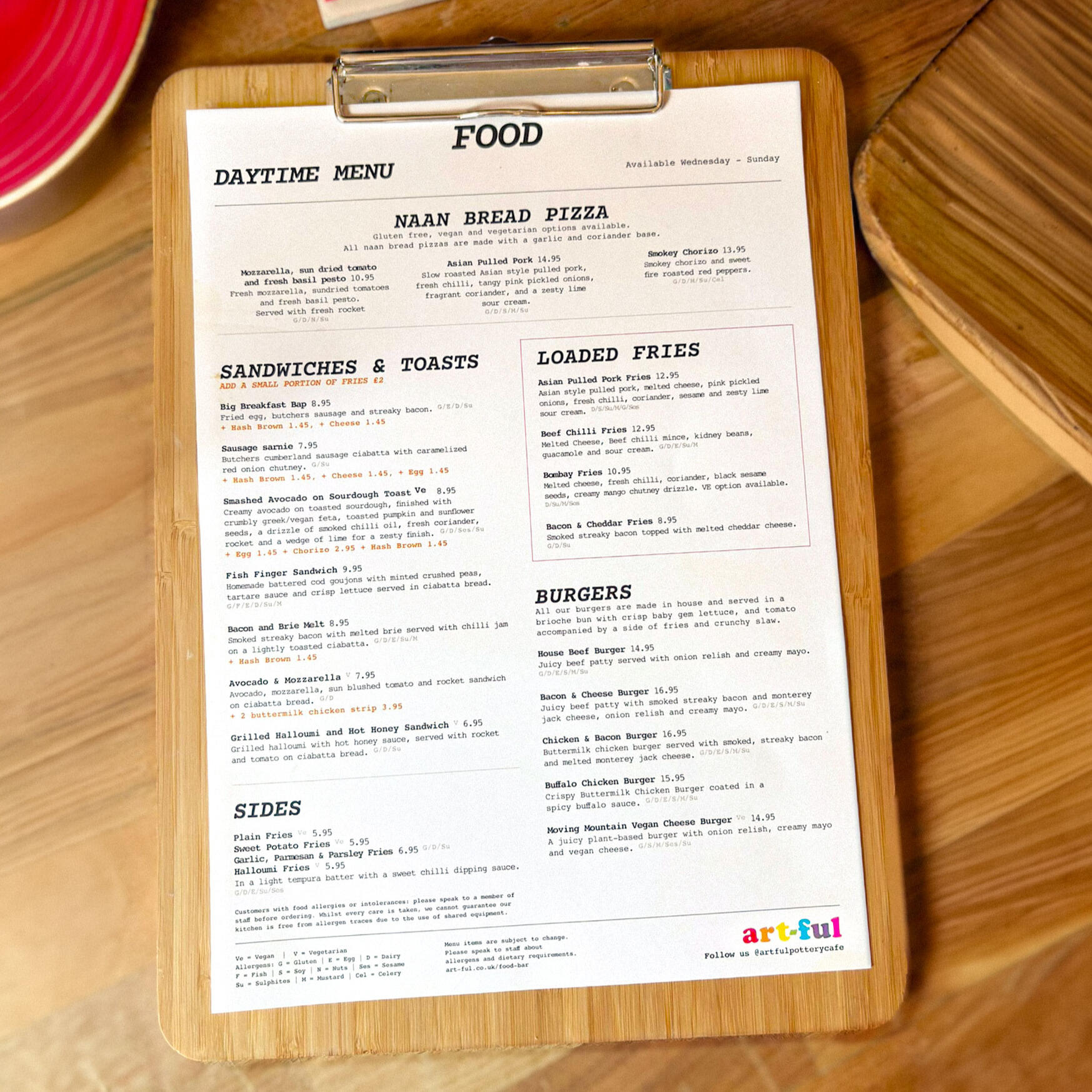 Artful Food menu on table Artful Food menu on table